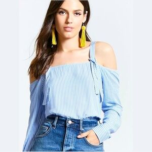 F21 Contemporary | Blue and White Striped Off-Shoulder Blouse w Ties Size Medium